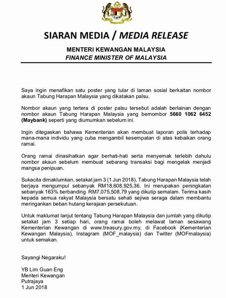 Kenyataan Media Tabung Harapan Malaysia