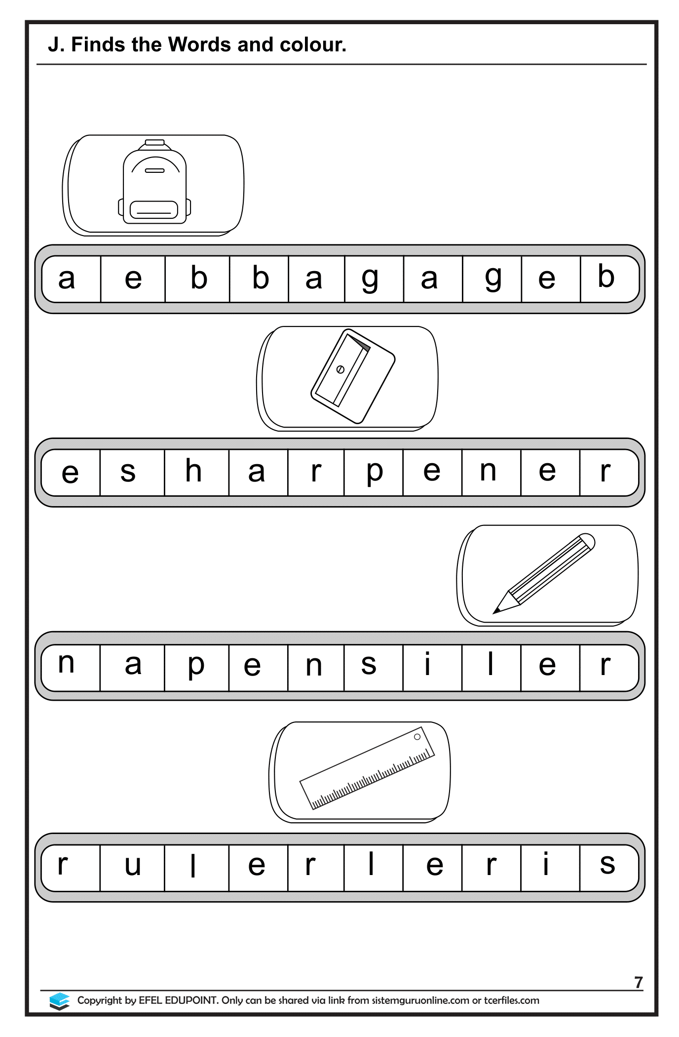 Latihan Bahasa Inggeris Tahun 1= Unit At School, Muka Surat 7&8