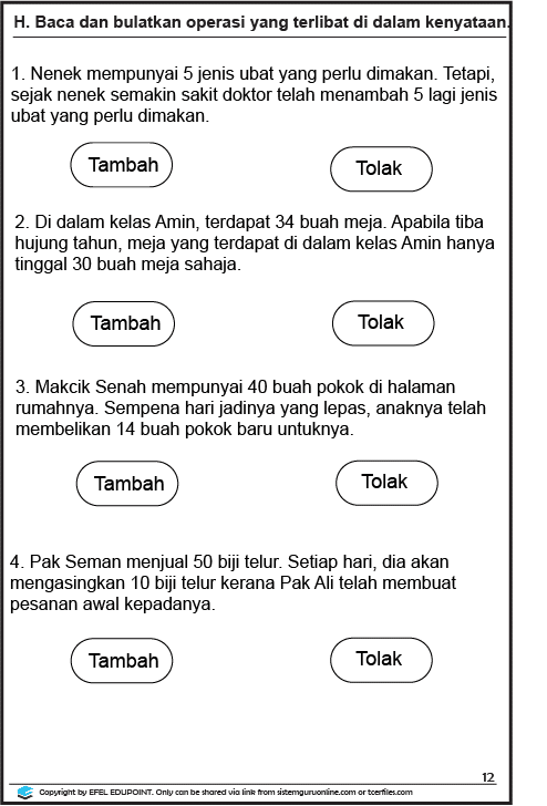 Latihan Matematik Tahun 1 Unit Operasi Asas Muka Surat 11 12