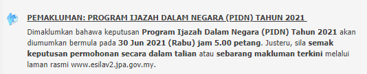 Semakan Keputusan Permohonan Tajaan JPA Program Ijazah Dalam Negara (PIDN) 2021 2 JPA SISTEM