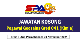 Jawatan Kosong Pegawai Geosains Gred C41 (Kimia)