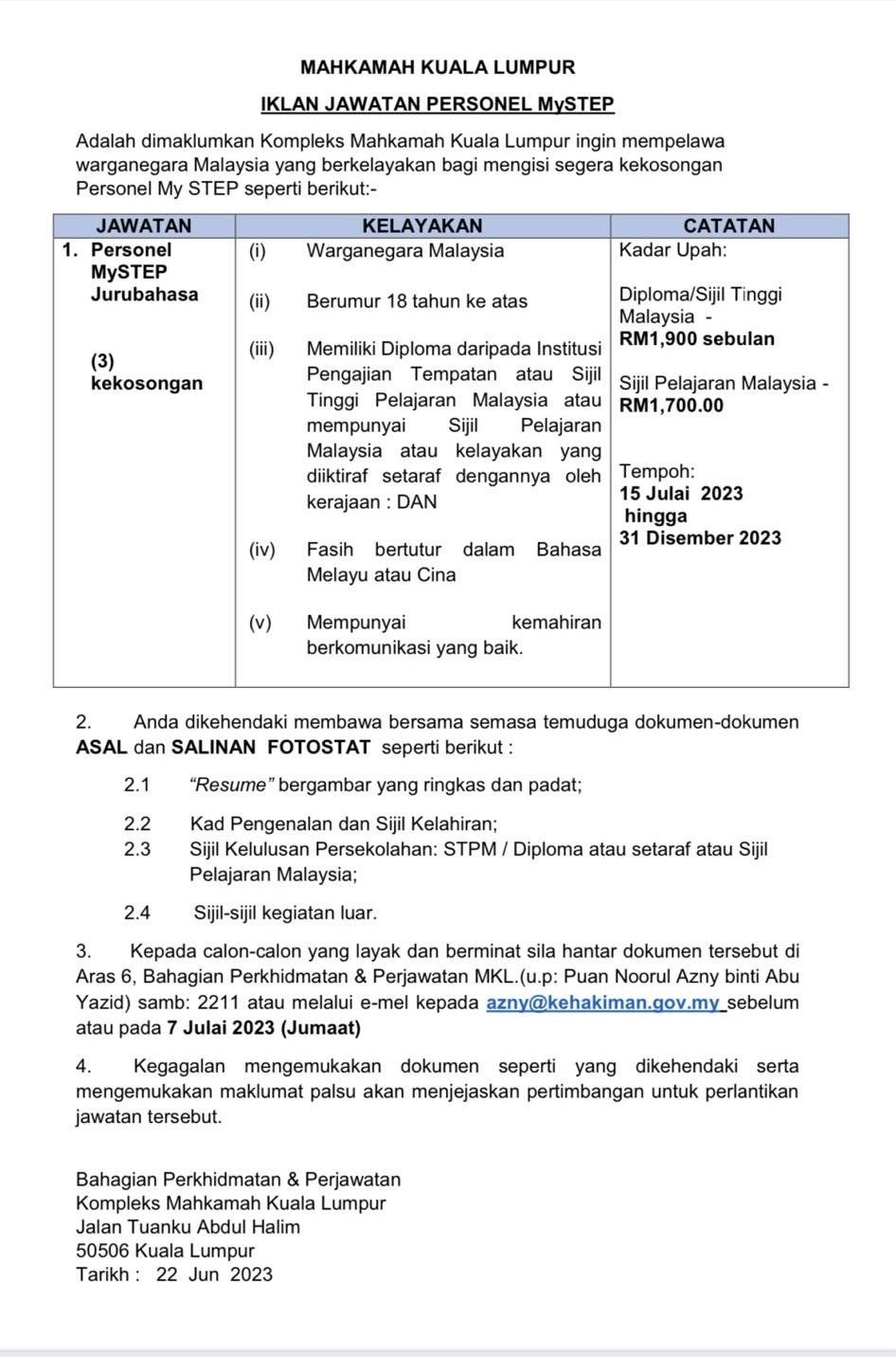 Pengambilan Jawatan Kosong Mahkamah Kuala Lumpur Julai 2023 3 baru 1
