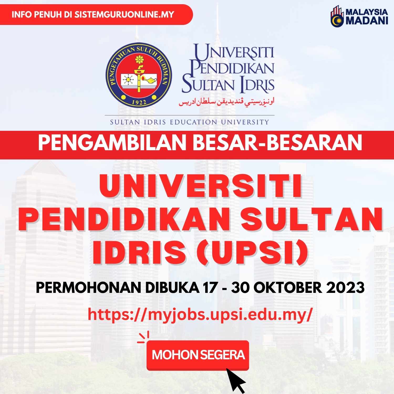 Jawatan Kosong UPSI Oktober Yang Dibuka Sehingga 30 Oktober 2023