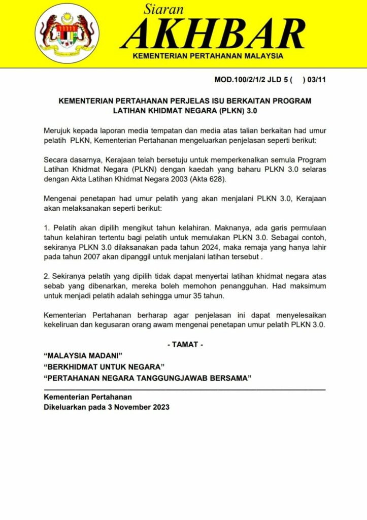 PLKN 3.0 Untuk Kelahiran 2007 Bermula Tahun Hadapan 2 plkn 3.0 untuk kelahiran 2007