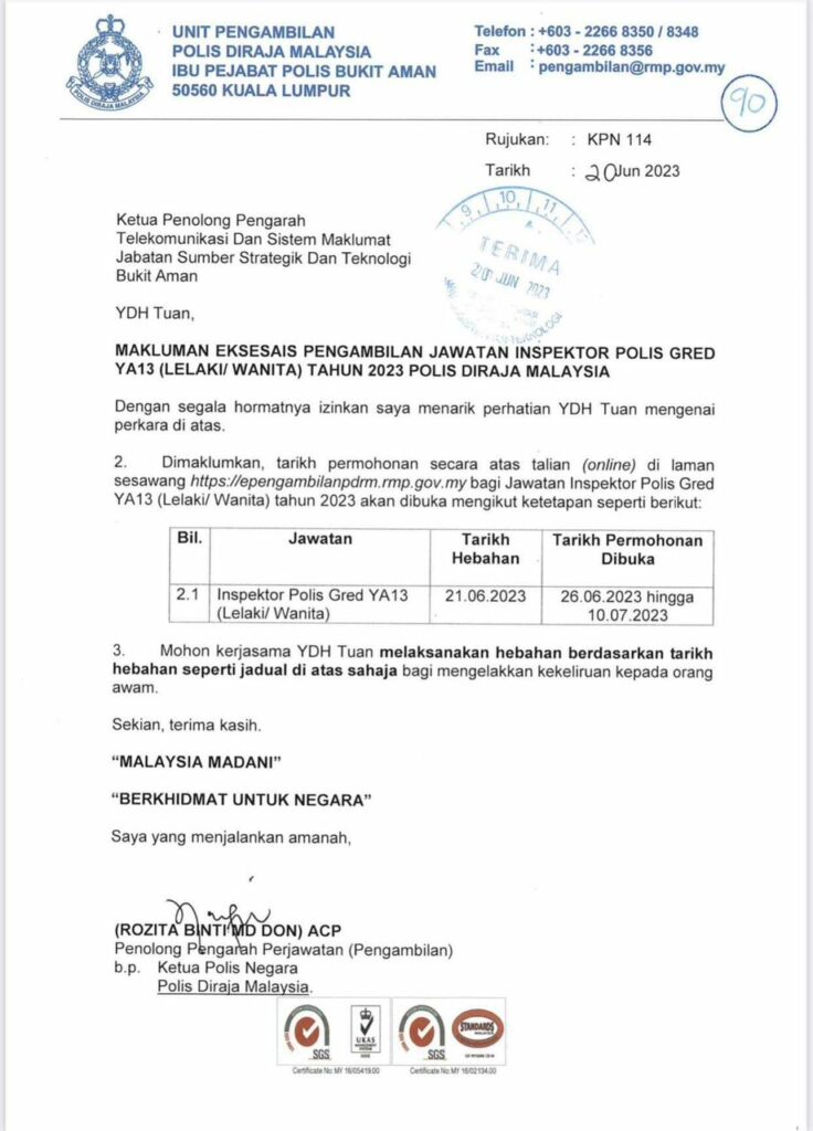 Official Pengambilan Jawatan Inspektor Polis Gred YA13 (Lelaki/Wanita) Tahun 2023 3 Pengambilan Jawatan Inspektor Polis