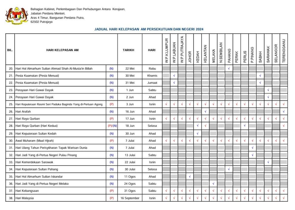 jadual cuti umum persekutuan dan negeri 2024 2 2