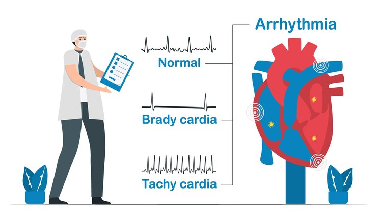 normal heart signal is compared with 2 types arrhythmia it includes tachycardia bradycardia cardiology vector illustration isolated white background 26760 614